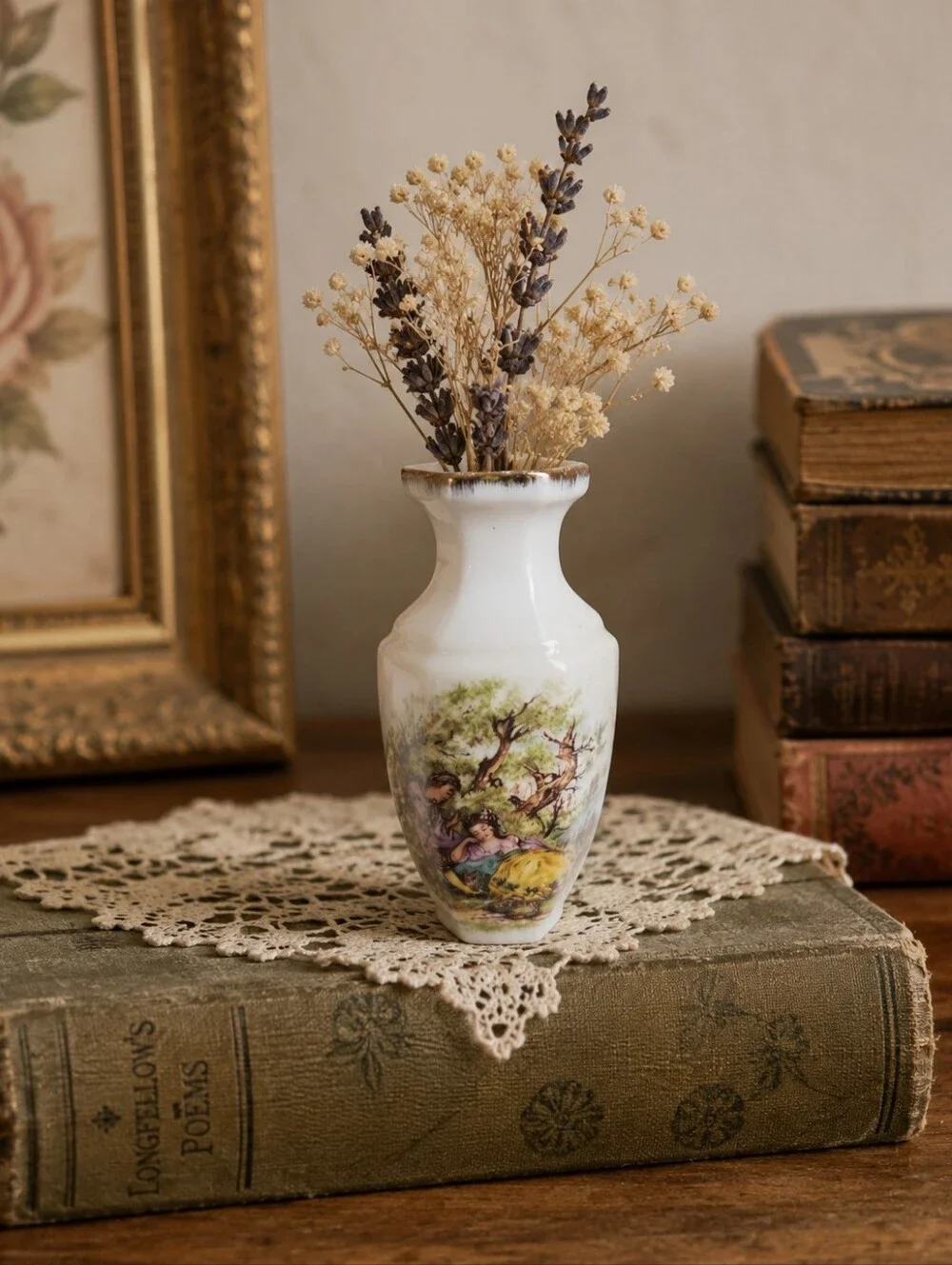 VINTAGE Bud Delicate White Ceramic Decorative Vase with Romantic Scene